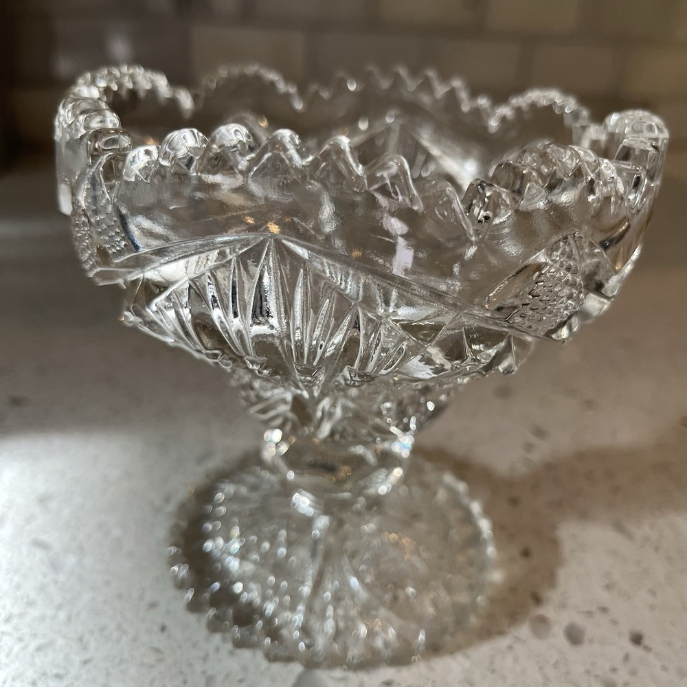 Imperial Nucut Glass Pedestal Jelly Compote Dish Whirling Star Sawtooth 1920's